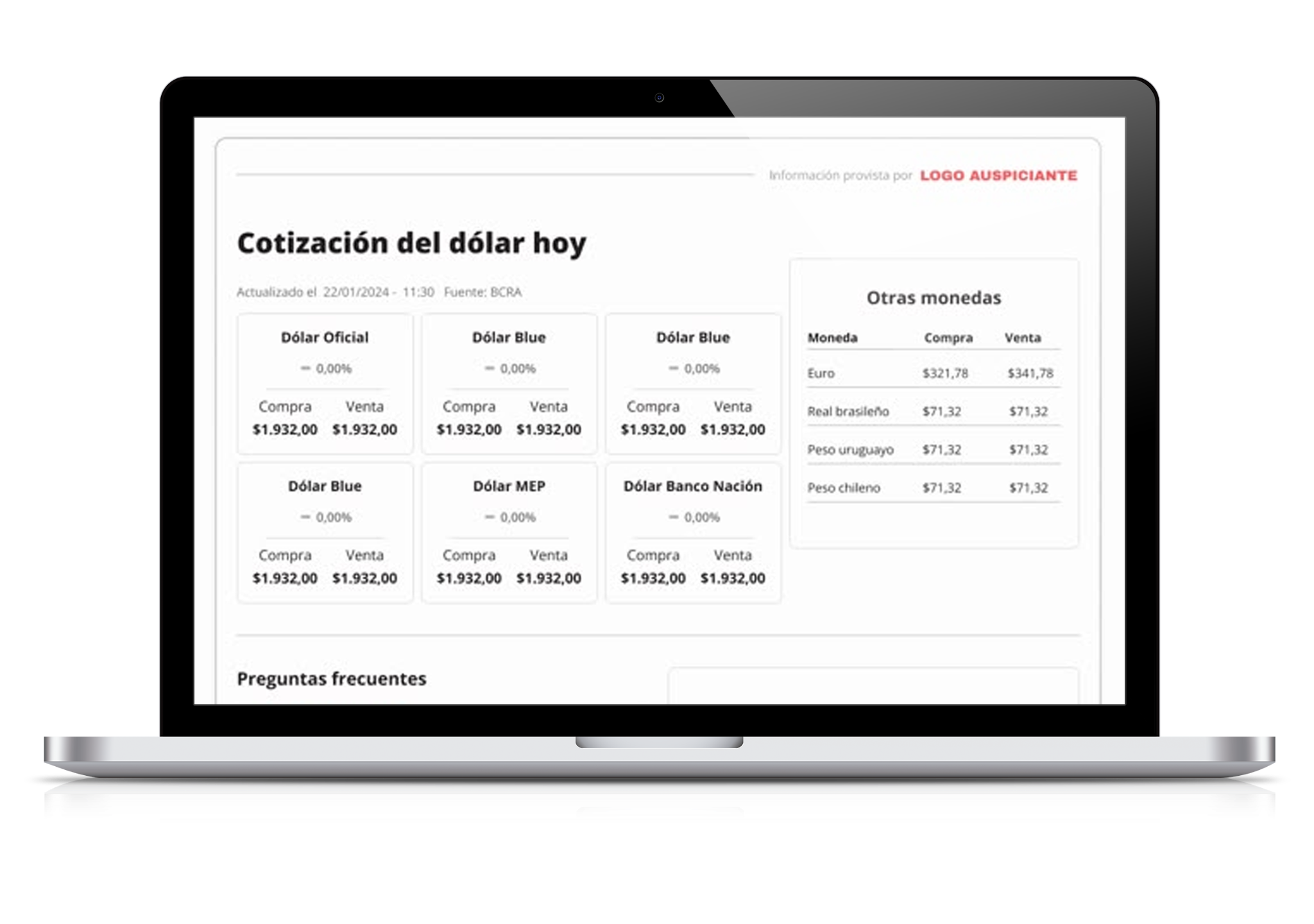 Widget de cotización del dólar con espacio para marca auspiciante