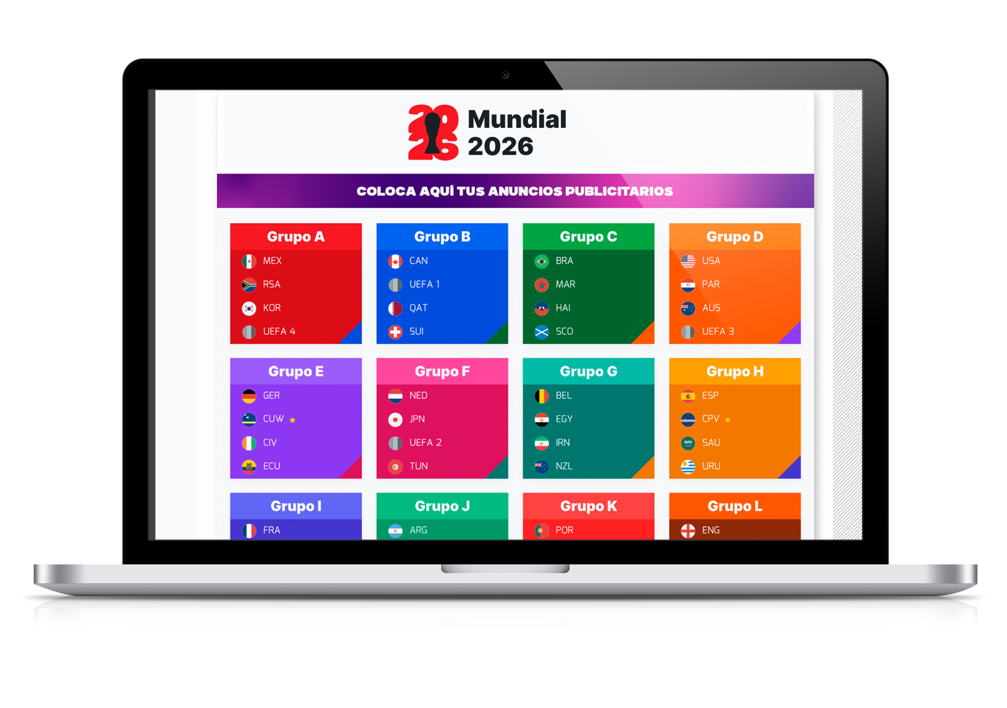 Mockup original del widget Mundial 2026 con grupos y espacio publicitario